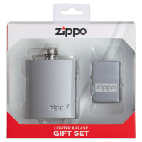Подарочный набор ZIPPO: фляжка 89 мл и ветроустойчивая зажигалка Brushed Chrome