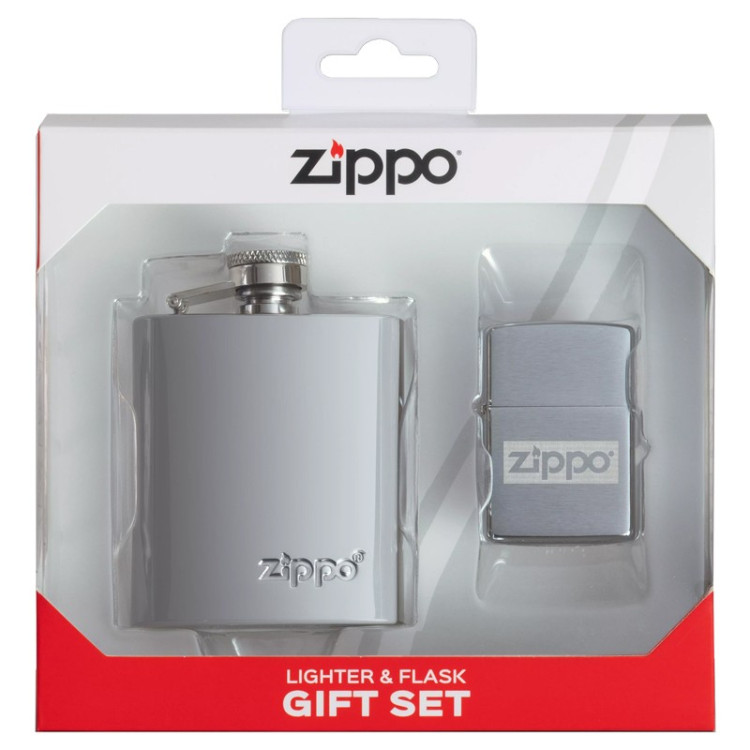 Подарочный набор ZIPPO: фляжка 89 мл и ветроустойчивая зажигалка Brushed Chrome